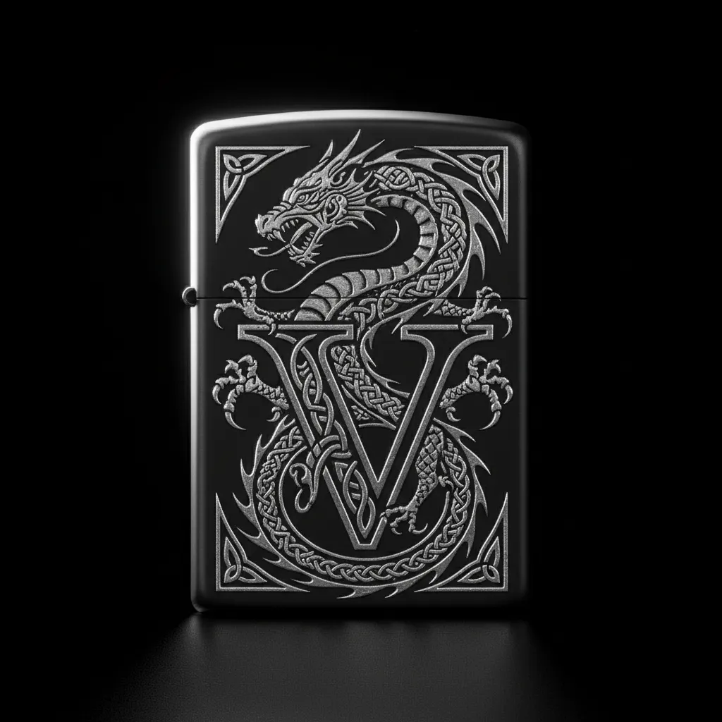 Zippo Ejderha Figürlü V Harfli Tasarım - V8