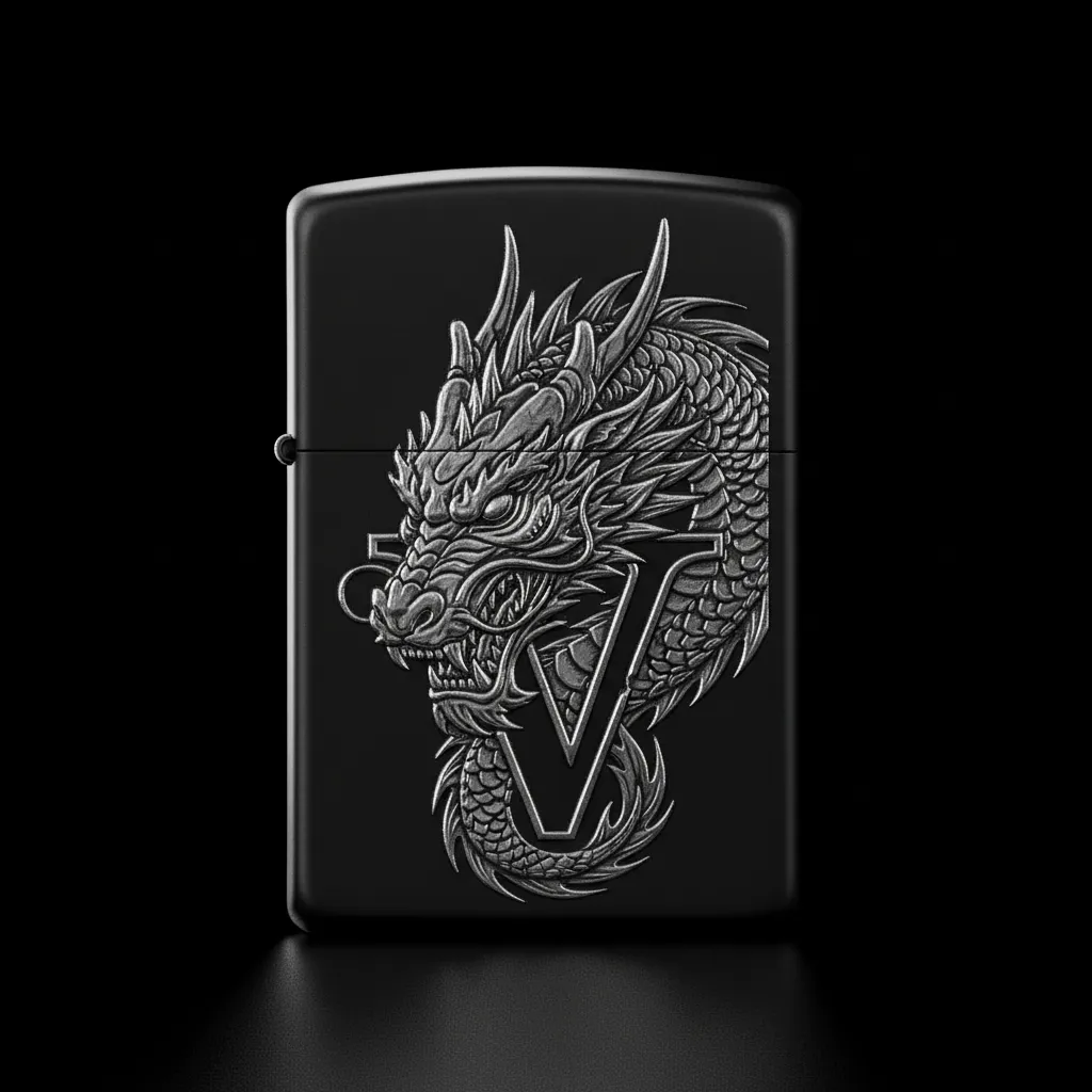Zippo Ejderha Figürlü V Harfli Tasarım - V9