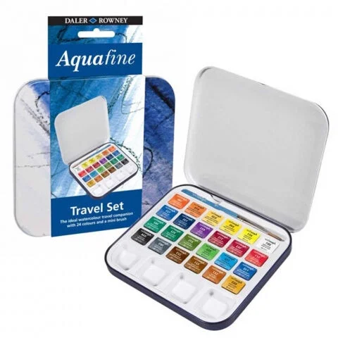 Daler Rowney Aquafine Travel Tablet Sulu Boya Seti 24 Renk Metal Kutu