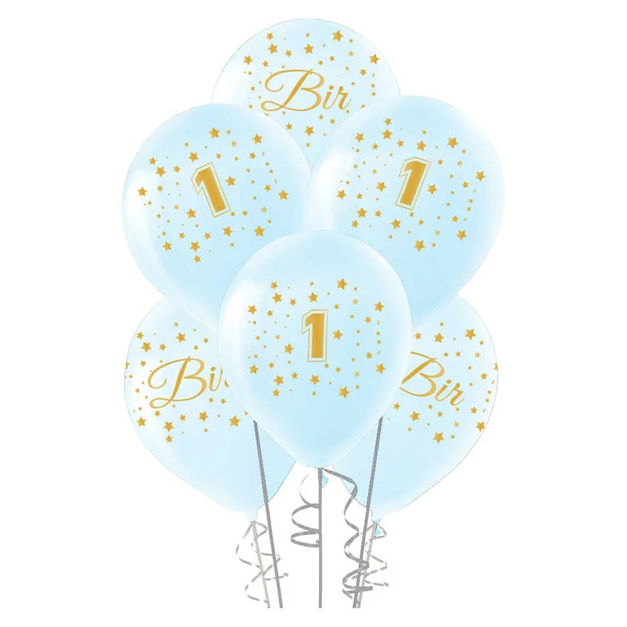Altın 1 Yaş Baskılı Mavi Balon 12"