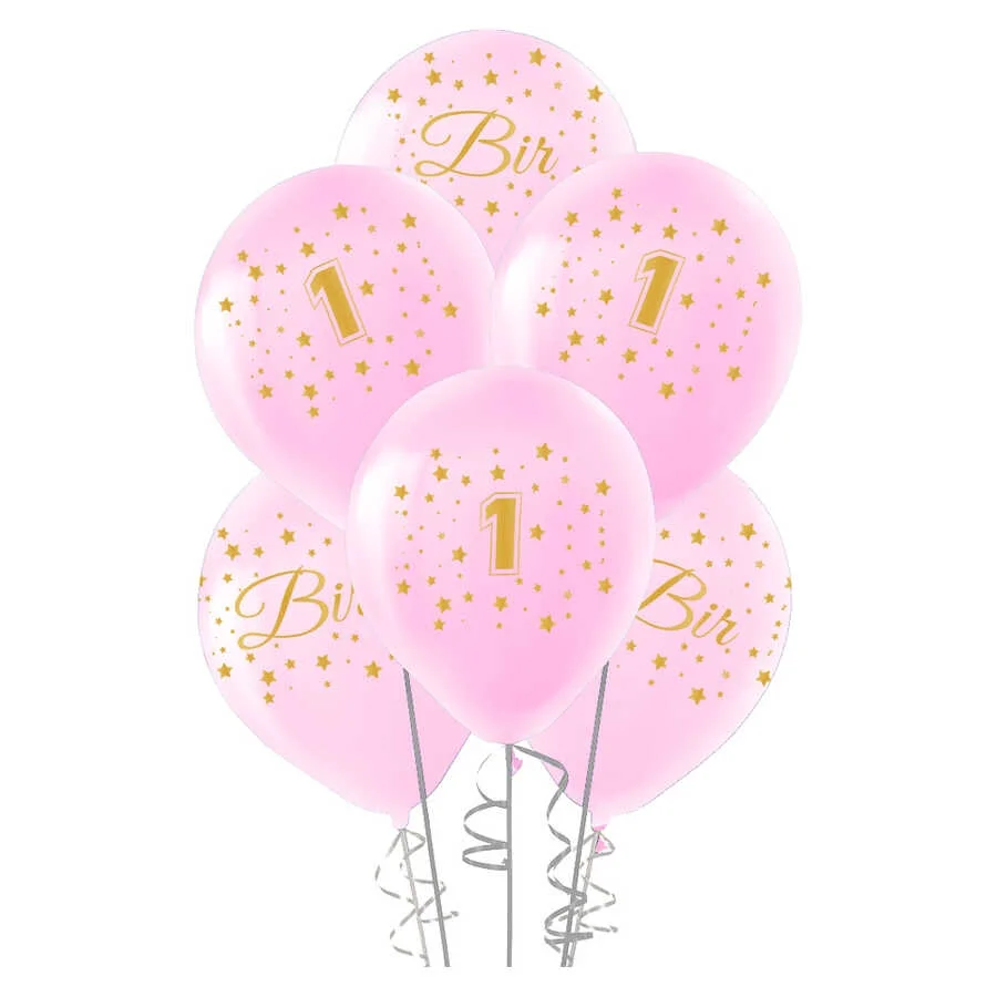 Altın 1 Yaş Baskılı Pembe Balon 12"