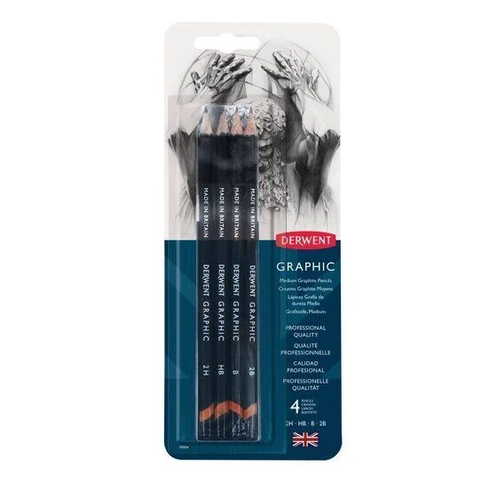 Derwent Graphic Pencils Dereceli Kalem Karakalem Eskiz Çizim Seti Medium (Designer) 4'lü Blister