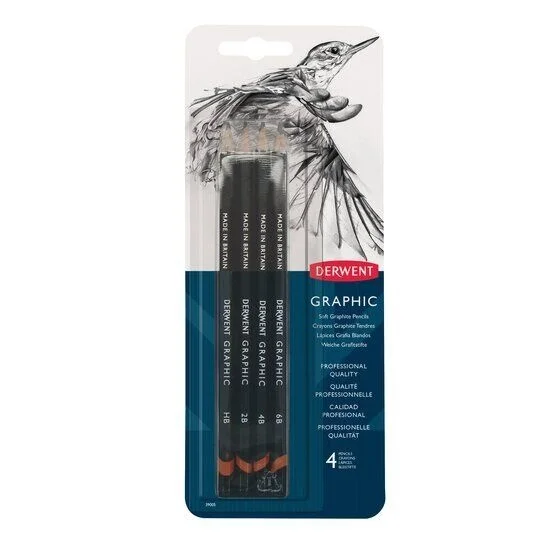 Derwent Graphic Pencils Dereceli Kalem Karakalem Eskiz Çizim Seti Soft (Sketching) 4'lü Blister