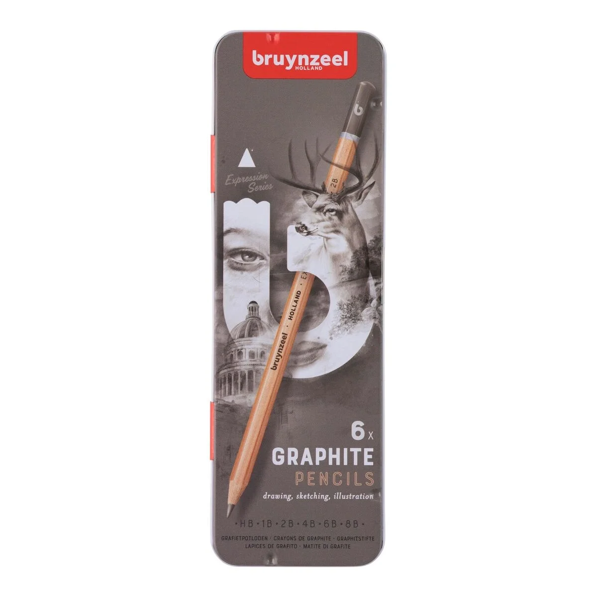 Bruynzeel Expression Graphite Dereceli Kalem Karakalem Eskiz Çizim Seti 6'lı Metal Kutu