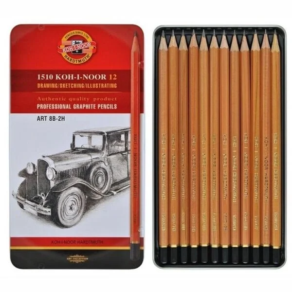 Koh-i Noor Profesyonel Dereceli Kalem Karakalem Eskiz Çizim Seti Naturel 8B-2H Metal Kutu