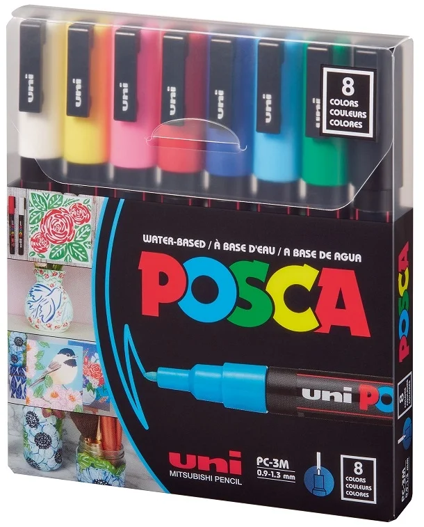Uni Posca PC-3M 0.9-1.3 Su Bazlı Boyama Markörü Seti Ana Renkler 8 RENK