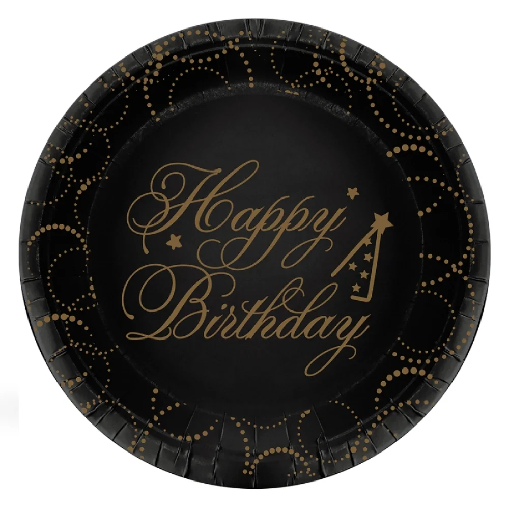 Happy Birthday Elegant Siyah Karton Tabak 23cm
