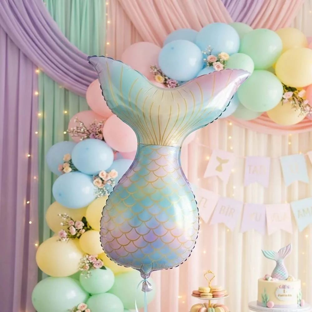 Pastel Renkli Holografik Deniz Kızı Kuyruğu Balon