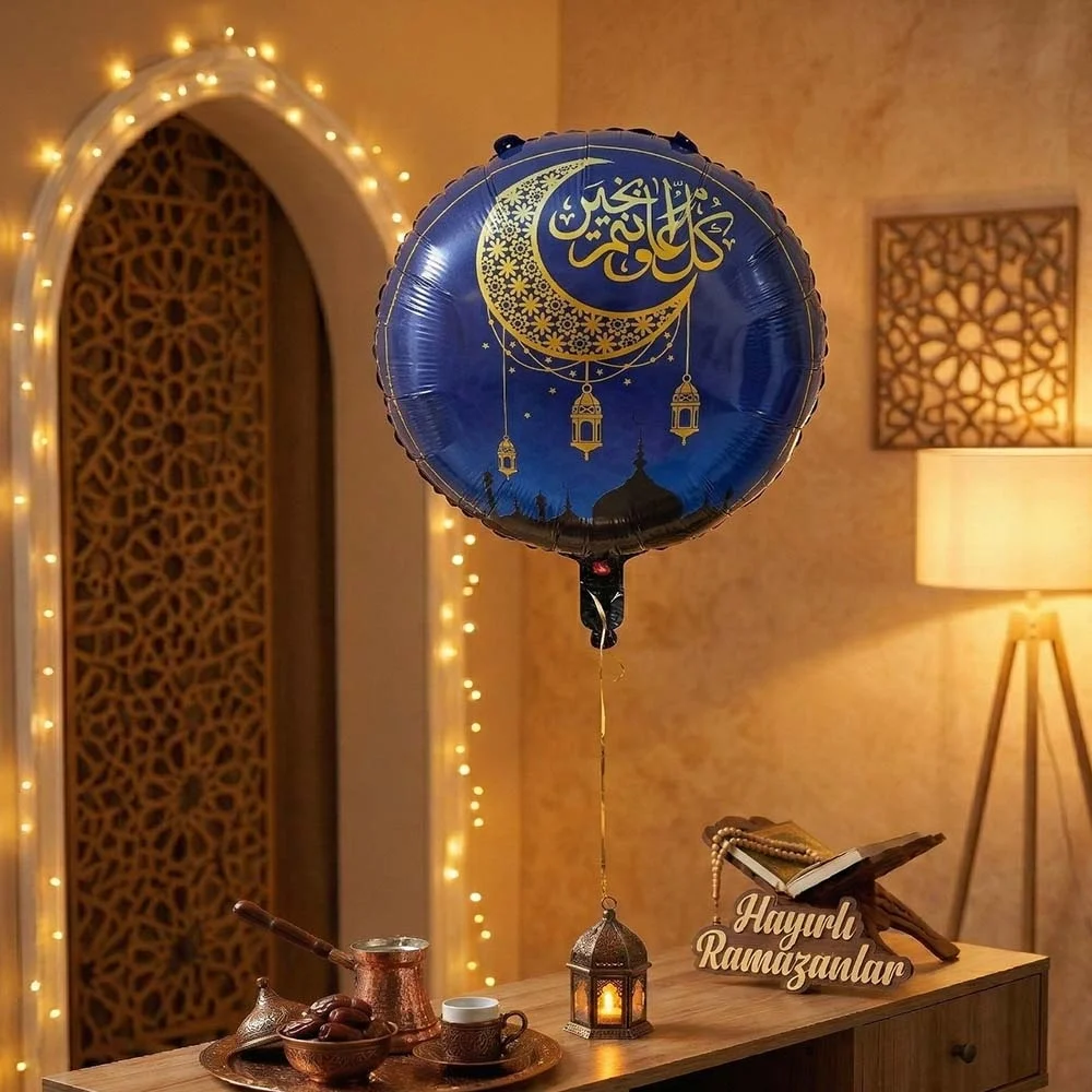 Ramazan Temalı Gece Mavisi Folyo Balon - Altın Hilal ve Kandil Detaylı