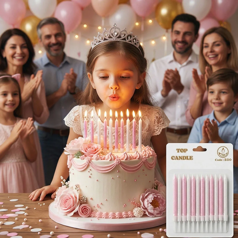 Pembe Simli Doğum Günü Mumu Seti 8 cm 12 Parça