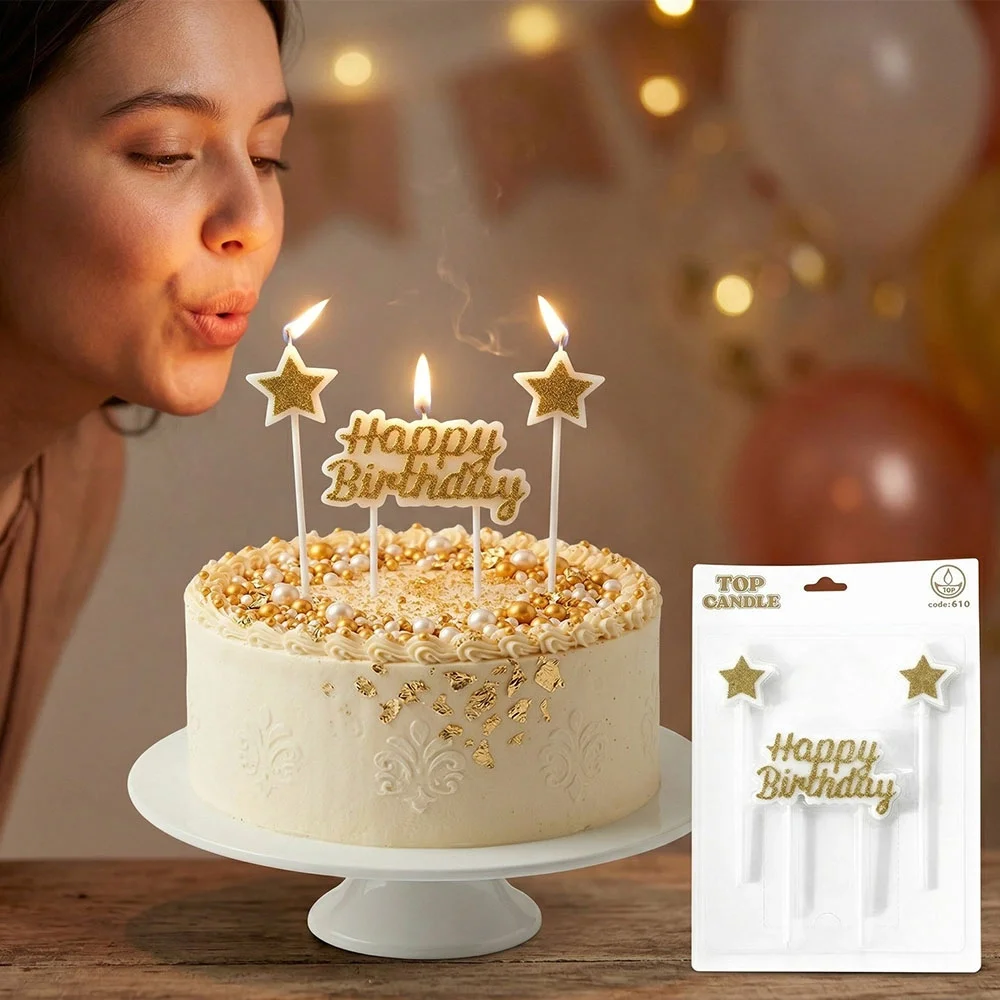 Altın Parıltılı Doğum Günü Mum Seti - Happy Birthday ve 2 Adet Yıldız Mum