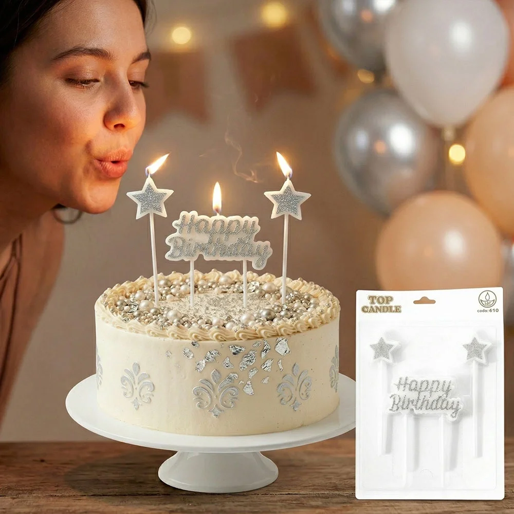 Gümüş Parıltılı Doğum Günü Mum Seti - Happy Birthday ve 2 Adet Yıldız Mum