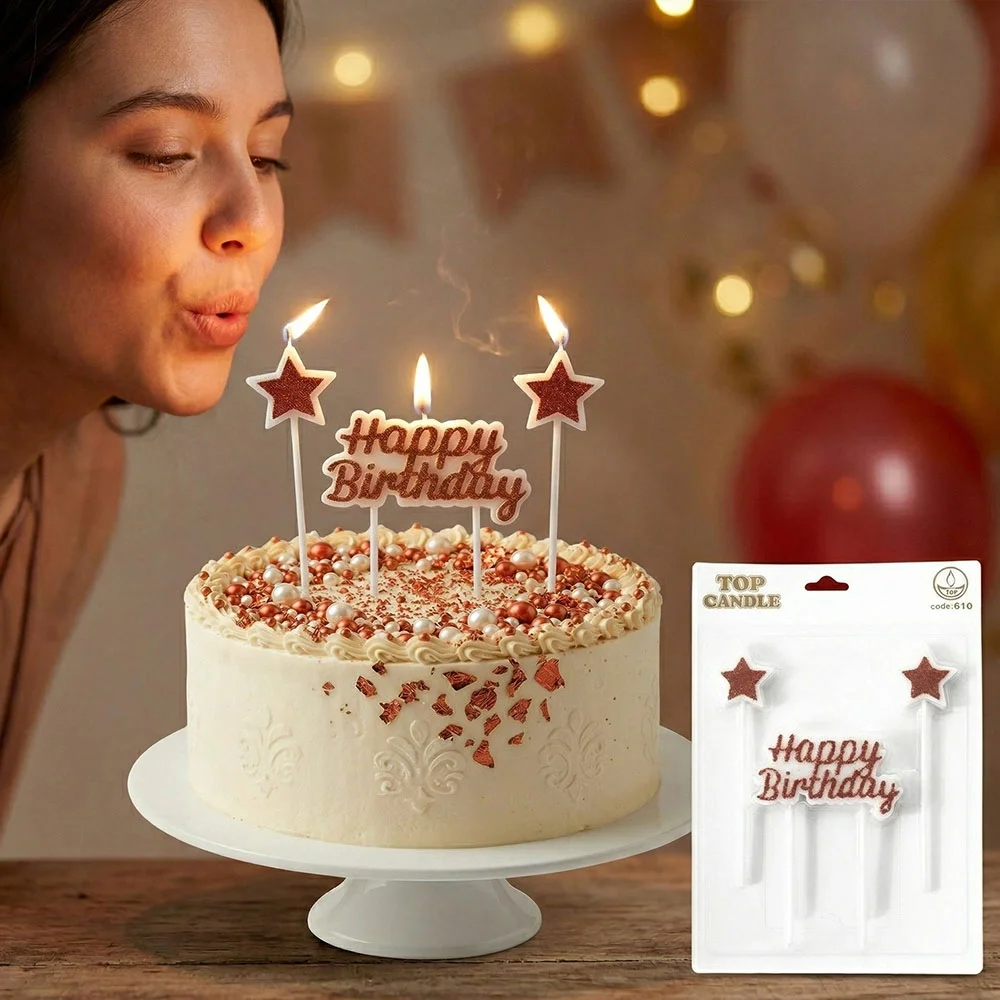 Kırmızı Parıltılı Doğum Günü Mum Seti - Happy Birthday ve 2 Adet Yıldız Mum