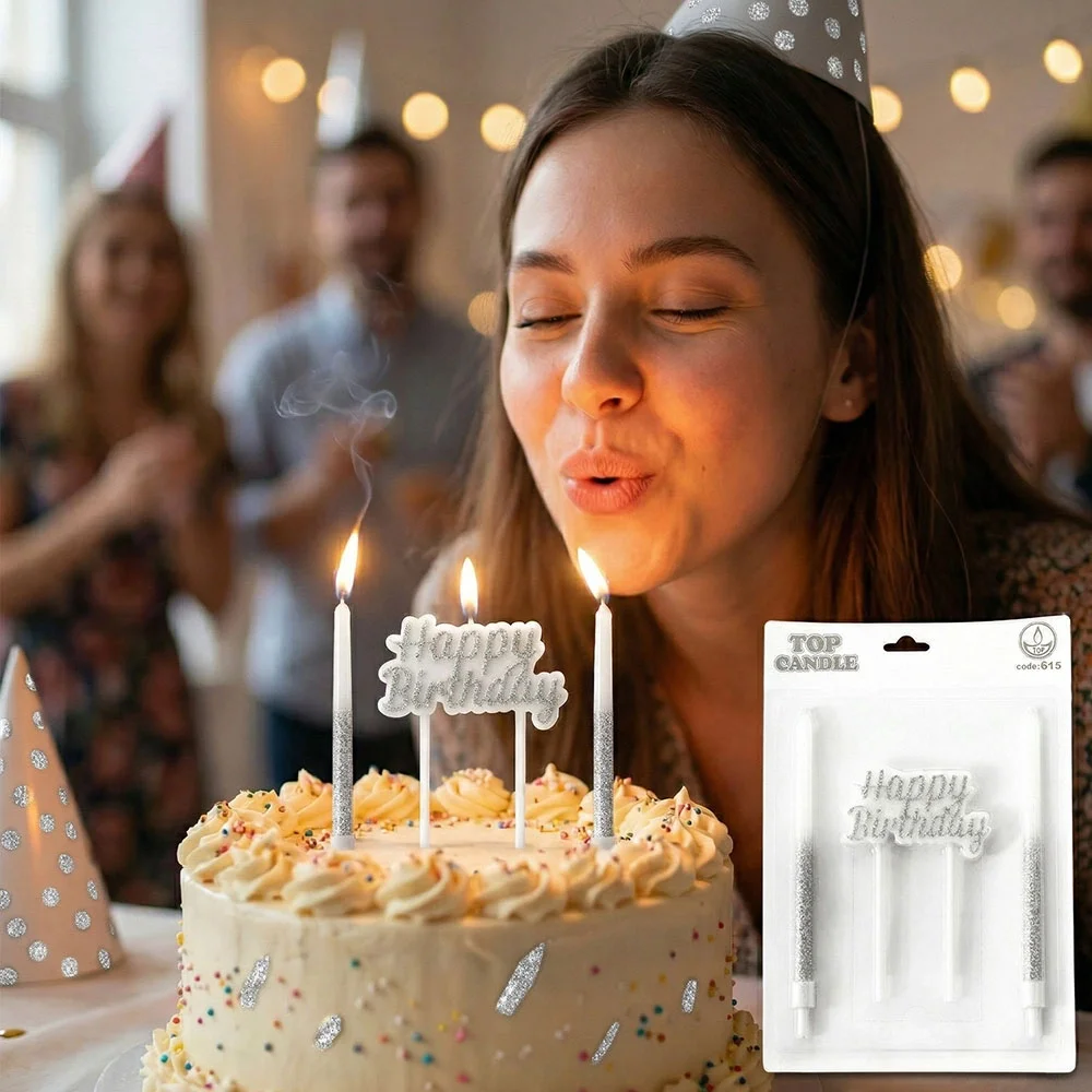 Happy Birthday Yazılı Gümüş Simli Pasta Mumu Seti