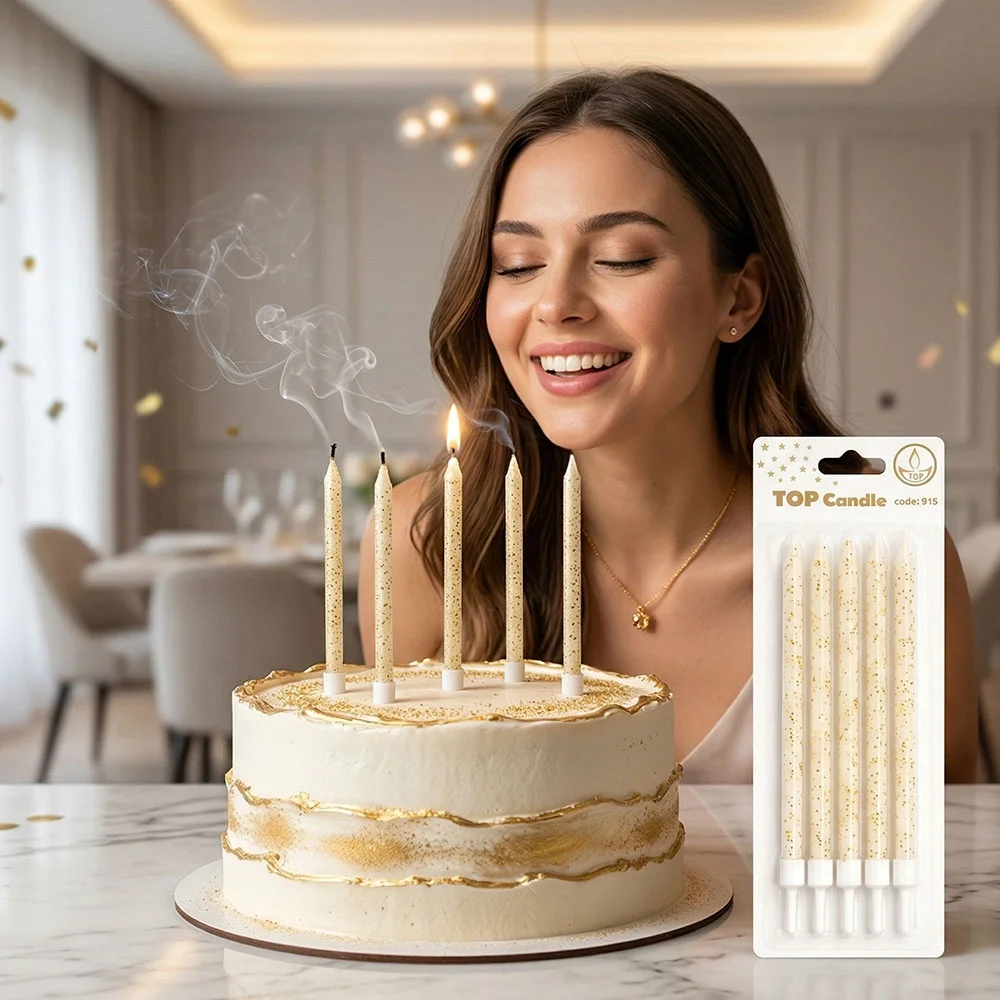 Altın Simli Beyaz Pasta Mumu Seti 15 cm 6 Parça