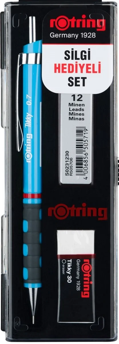 Rotring Tikky Versatil Kalem + Min + Silgi Okul Seti 0.7 mm AÇIK MAVİ