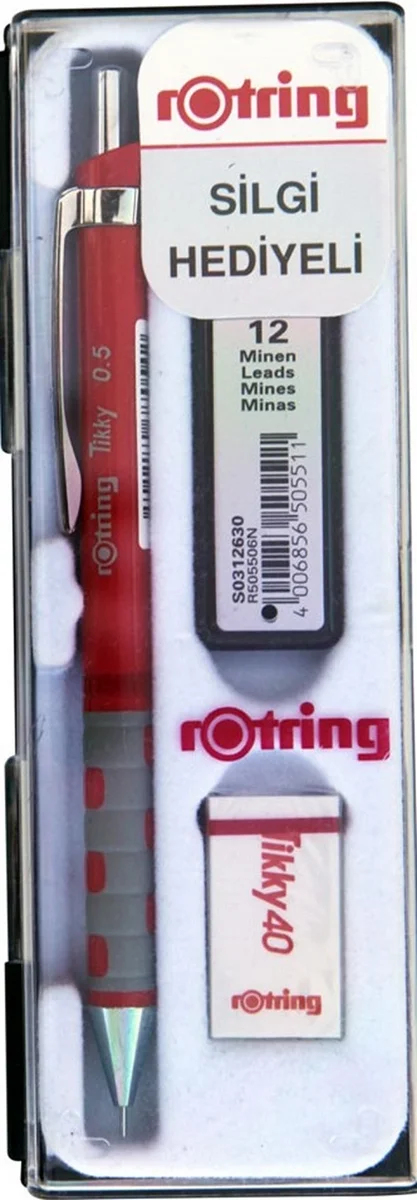 Rotring Tikky Versatil Kalem + Min + Silgi Okul Seti 0.5 mm KIRMIZI