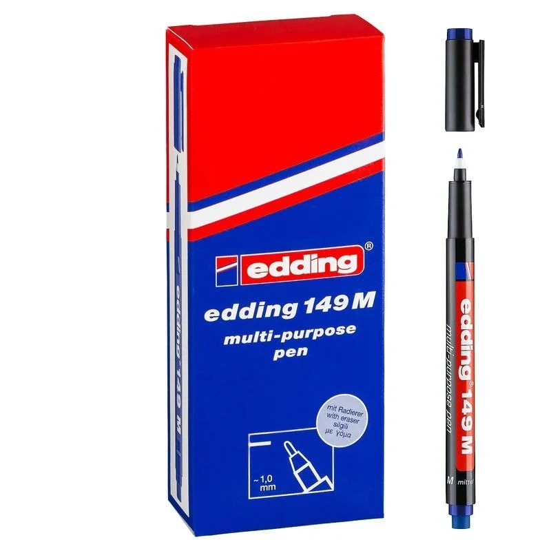 Edding 149 M Çok Amaçlı Permanent Kalem (Silgili Asetat Kalemi) MAVİ 10'lu Kutu