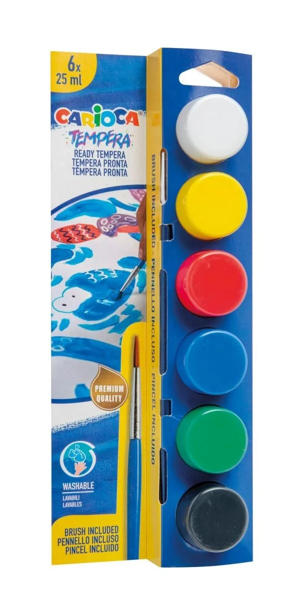 Carioca Tempera Yıkanabilir Poster Boya 25 ml. x 6 Renk Fırçalı Set