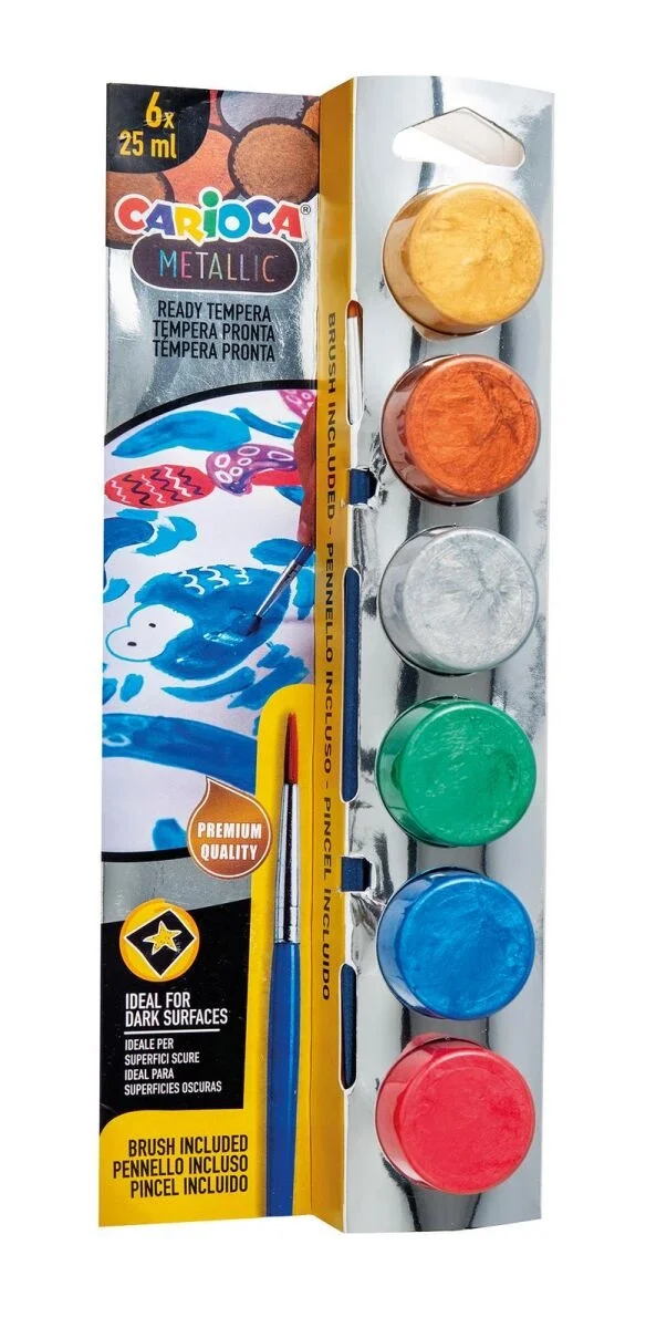 Carioca Tempera Yıkanabilir Poster Boya 25 ml. x 6 Metalik Renk Fırçalı Set