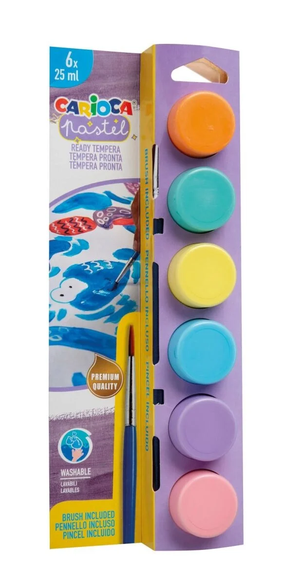 Carioca Tempera Yıkanabilir Poster Boya 25 ml. x 6 Pastel Renk Fırçalı Set