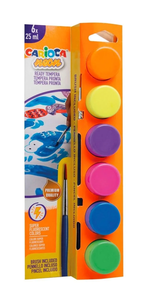Carioca Tempera Yıkanabilir Poster Boya 25 ml. x 6 Fosforlu Renk Fırçalı Set