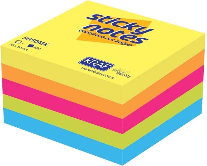 Kraf Yapışkanlı Not Kağıdı Küp Blok 50x50 mm. 250 Yaprak CANLI RENKLER