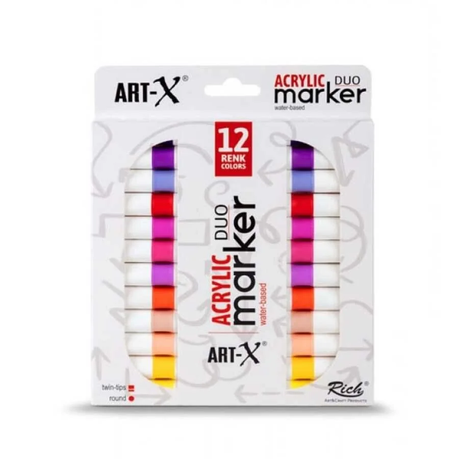 Rich Art-X Acrylic Duo Marker Çift Uçlu Su Bazlı Akrilik Boyama Markörü Seti 12 Renk Energy Series