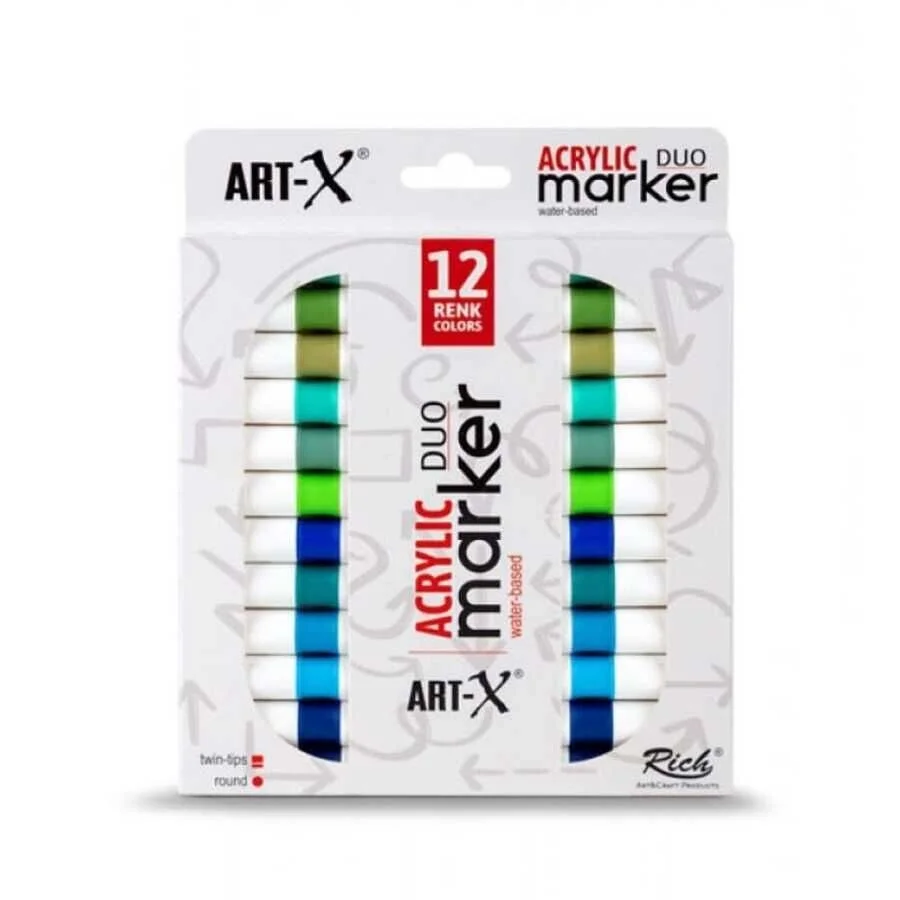 Rich Art-X Acrylic Duo Marker Çift Uçlu Su Bazlı Akrilik Boyama Markörü Seti 12 Renk Marine Series