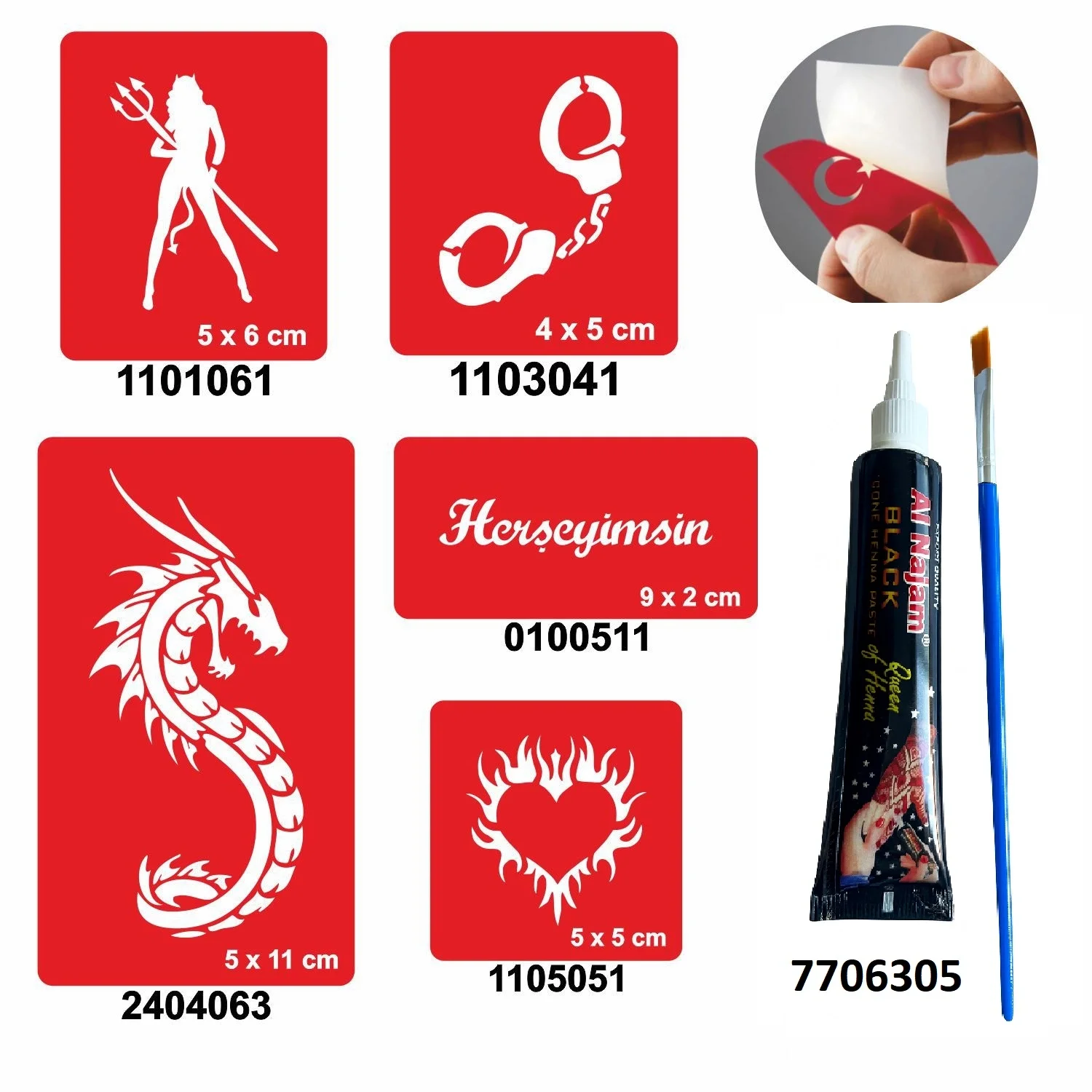 Kelepçe ve Kalp Desenleri Hint Kınası ile Geçici Dövme Yapma Seti