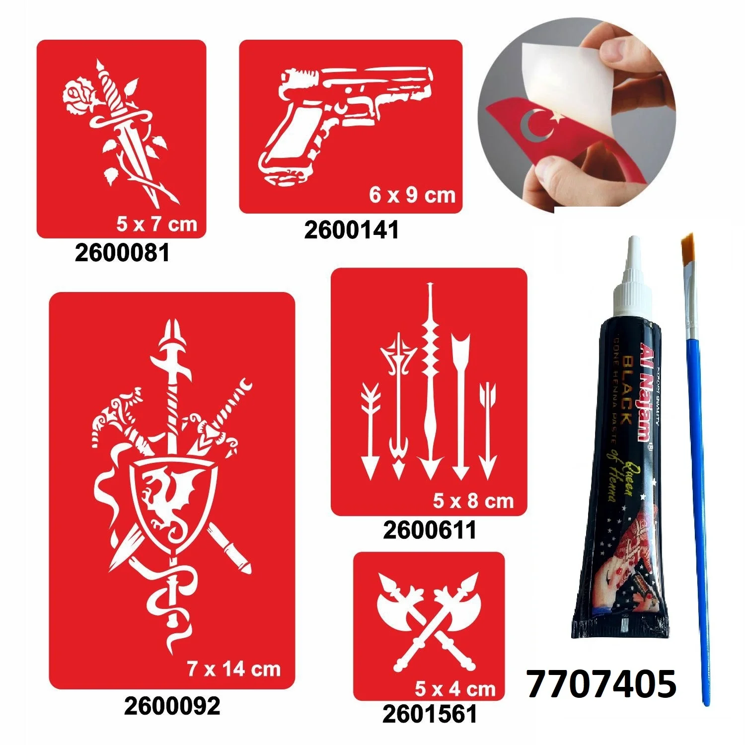 Savaş Aletleri Desenleri Hint Kınası ile Geçici Dövme Yapma Seti