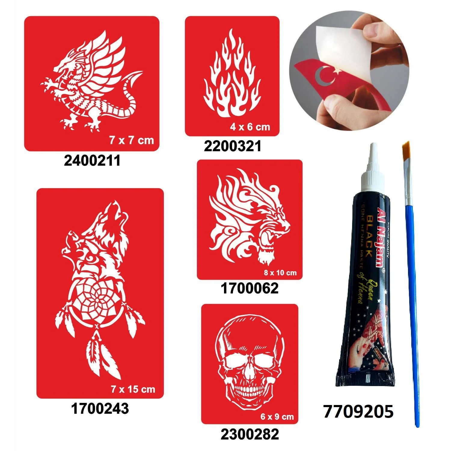 Vahşi Alev Desenleri Hint Kınası ile Geçici Dövme Yapma Seti
