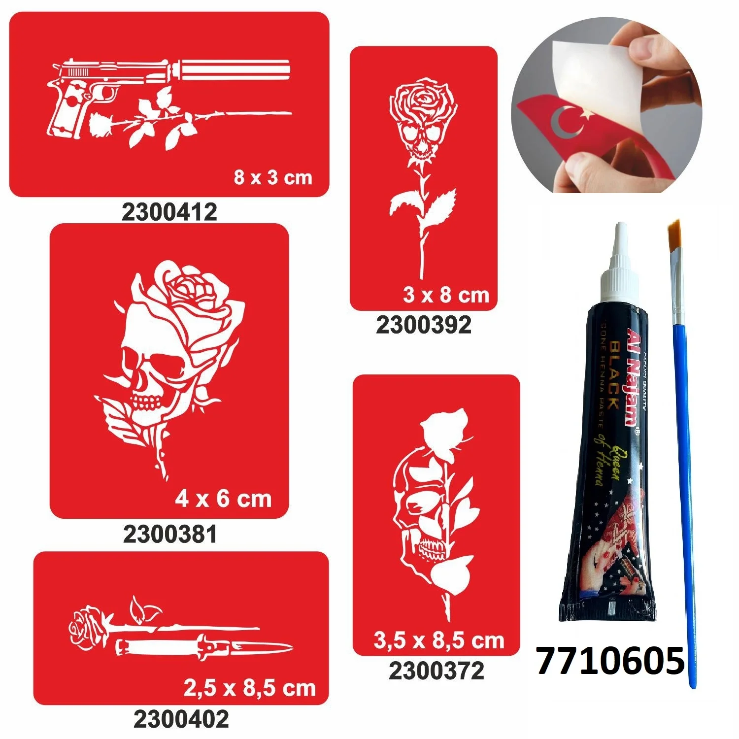 Kurukafa Gül Desenleri Hint Kınası ile Geçici Dövme Yapma Seti