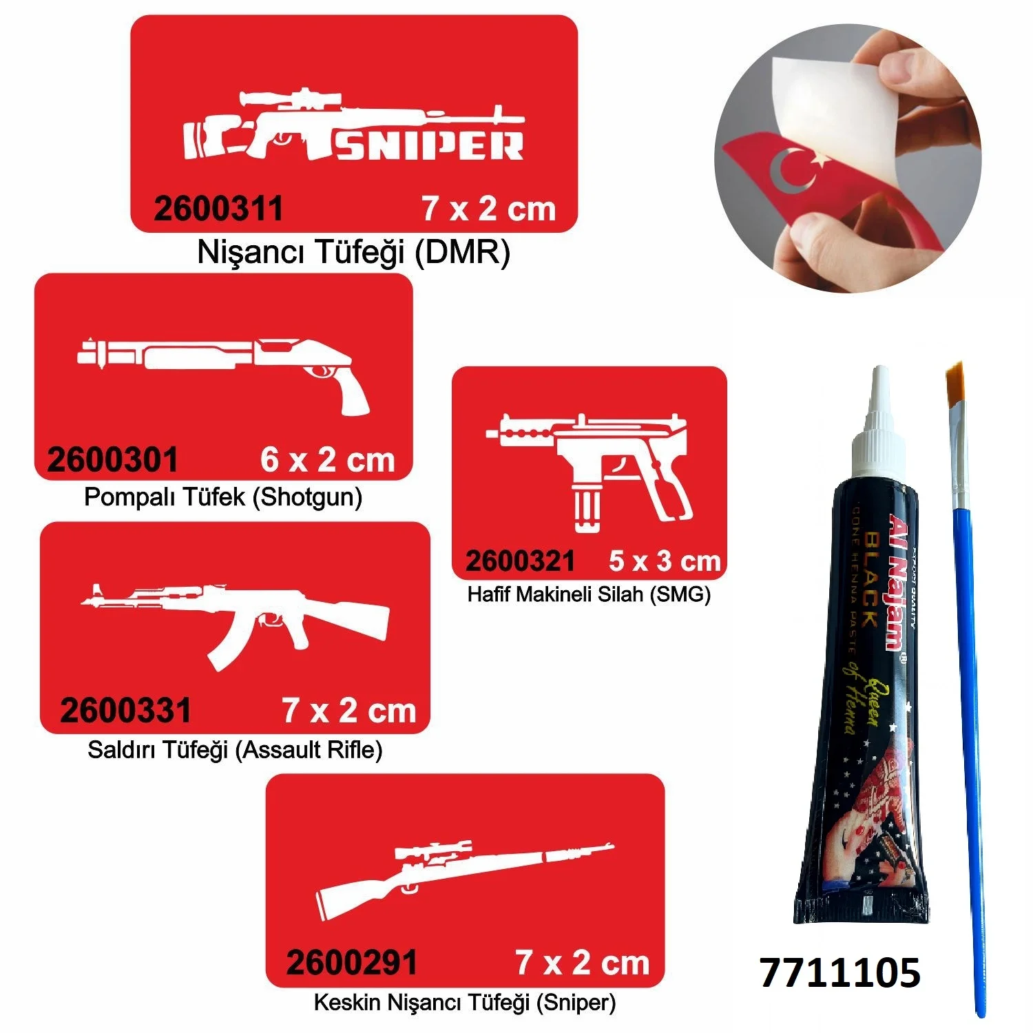 Silah Desen Serisi Hint Kınası ile Geçici Dövme Yapma Seti
