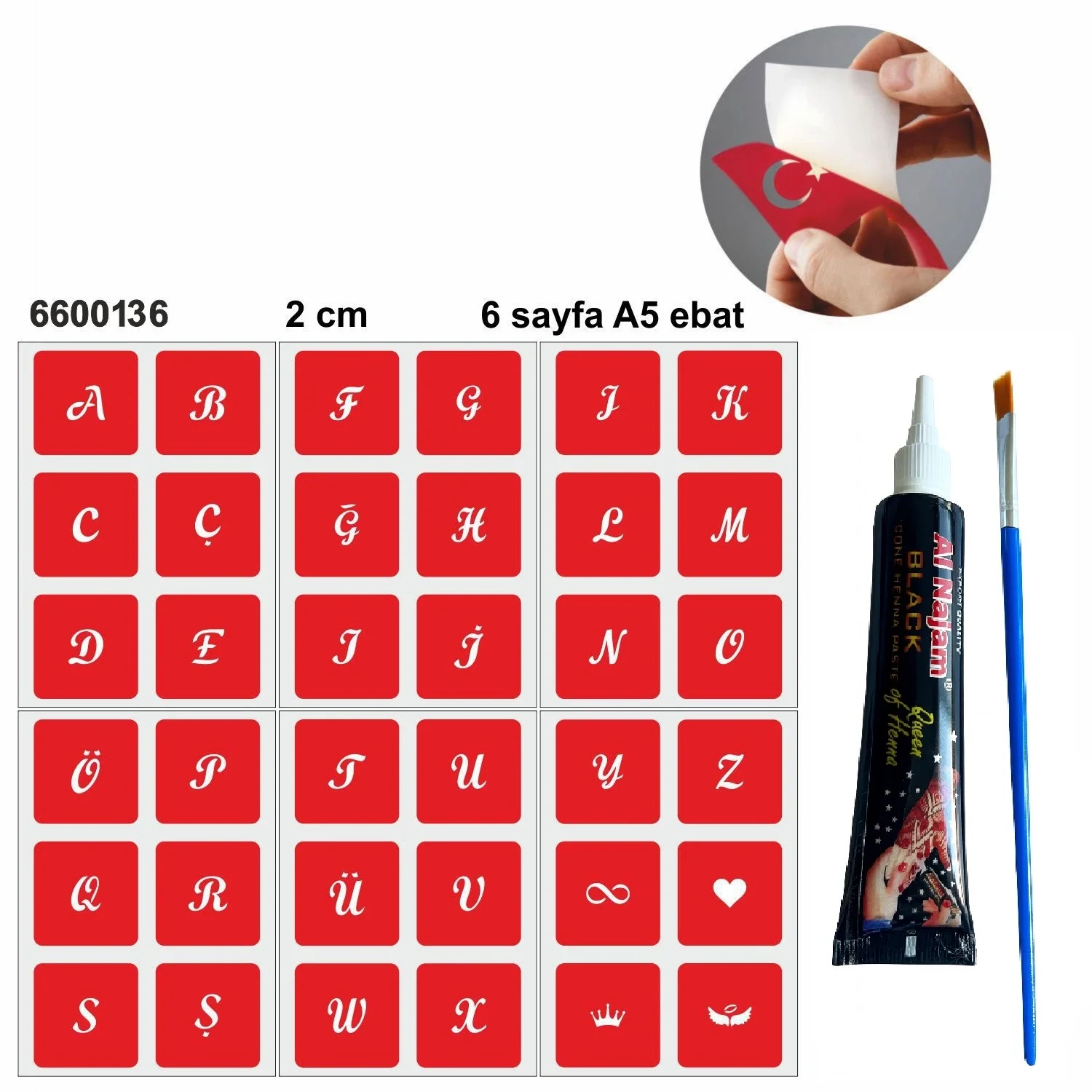 Kare Harfler Hint Kınası ile Geçici Dövme Yapma Seti