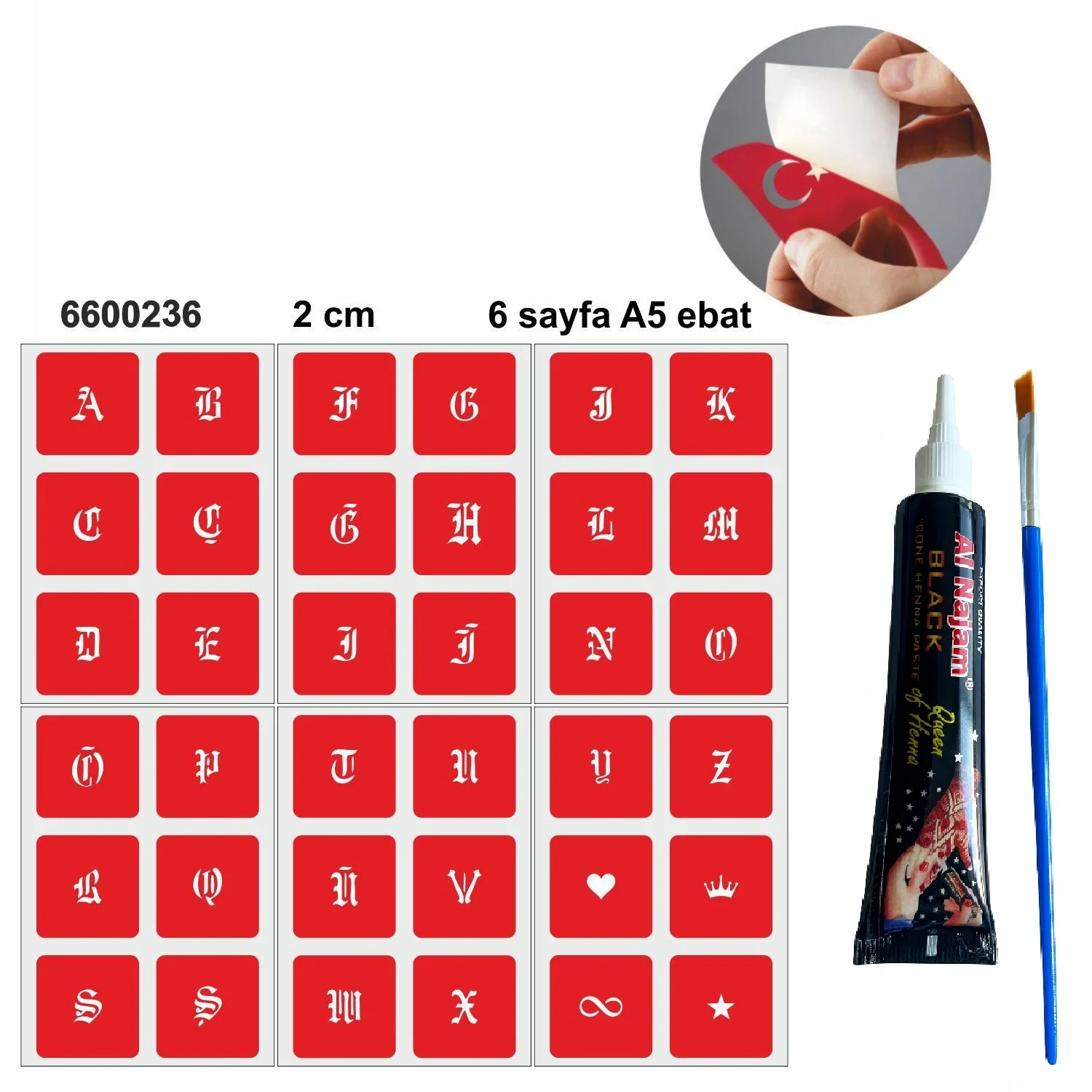 Kare Gotik Harfler Hint Kınası ile Geçici Dövme Yapma Seti