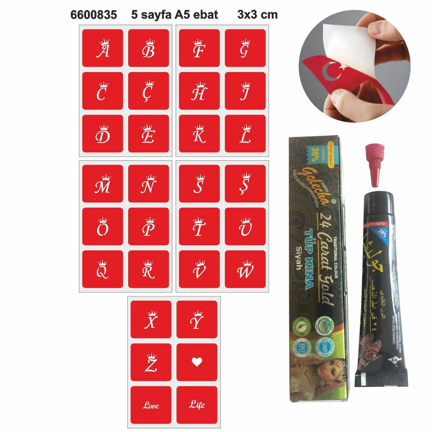 Taçlı Harfler Hint Kınası ile Geçici Dövme Yapma Seti