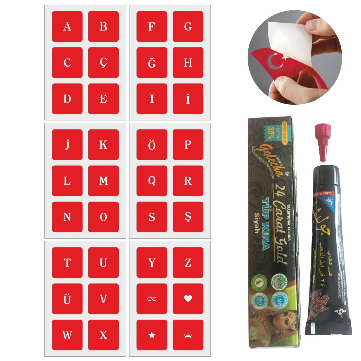 Düz Yazı Harfler Hint Kınası ile Geçici Dövme Yapma Seti