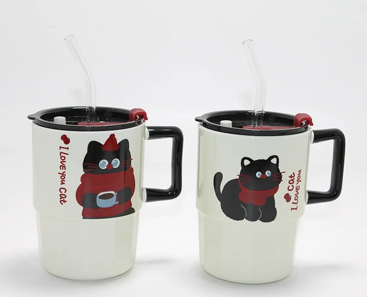 Sevimli Şaşkın Kedi Figürlü Pipetli Kapaklı Porselen Kupa Bardak Alk5042