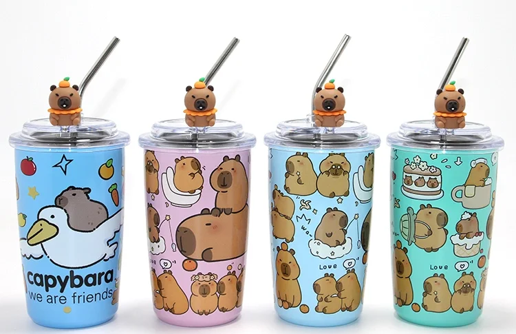 Kapibara Capybara Figürlü Isı Muhafazalı Metal Pipetli Paslanmaz Çelik Kupa Alk4429