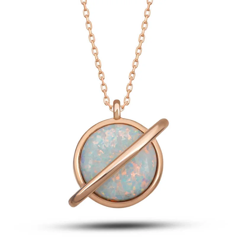 Gümüş Rose Opal Taşlı Gezegen Kadın Kolye