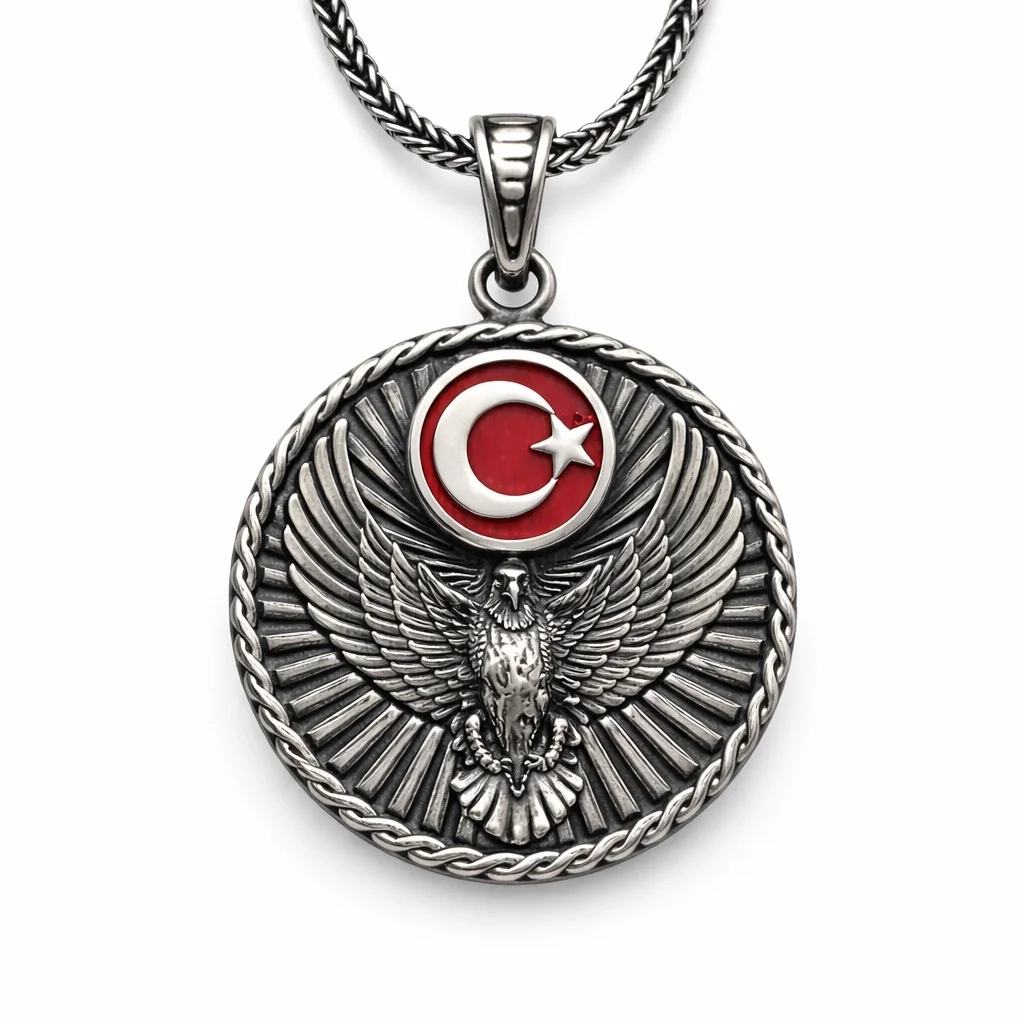 Gümüş Türk Kartalı ve Ay Yıldız Motifli Erkek Kolye