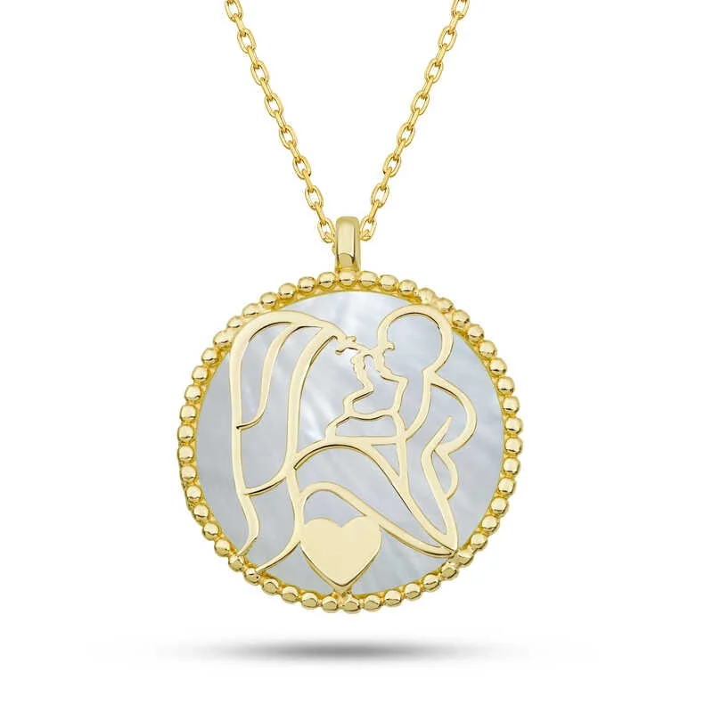 Gümüş Gold Sedef Taşlı Anne Çocuk Sevgisi Kolye