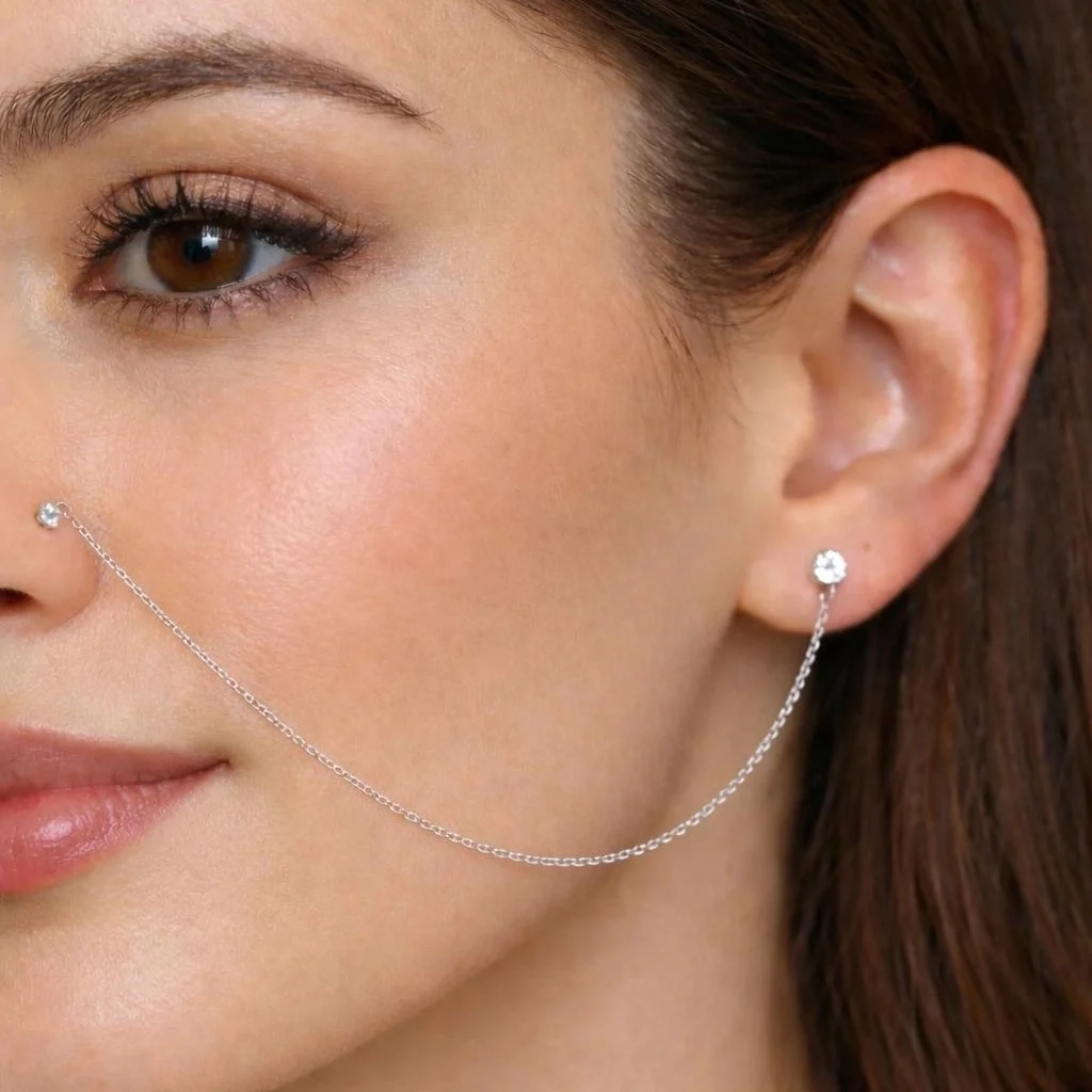 Gümüş Zincirli Burun Piercingi Küpe