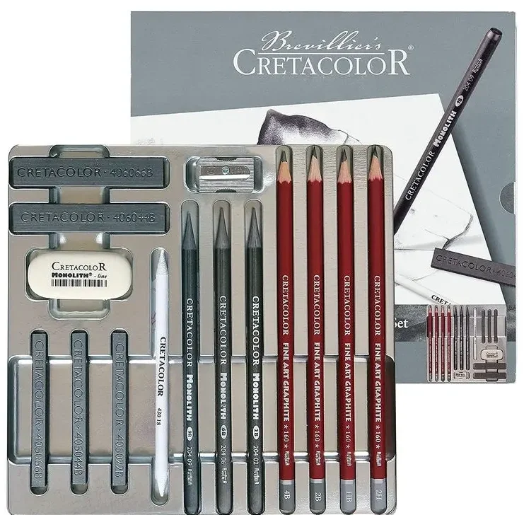 Cretacolor Silver Box Graphite Profesyonel Karakalem Eskiz Çizim Seti 15 Parça Metal Kutu