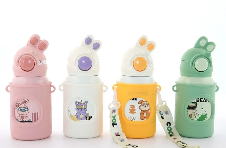 Tavşan Kulaklı Pipetli Çocuk Termosu - 500 ml Paslanmaz Çelik Suluk ALK2309