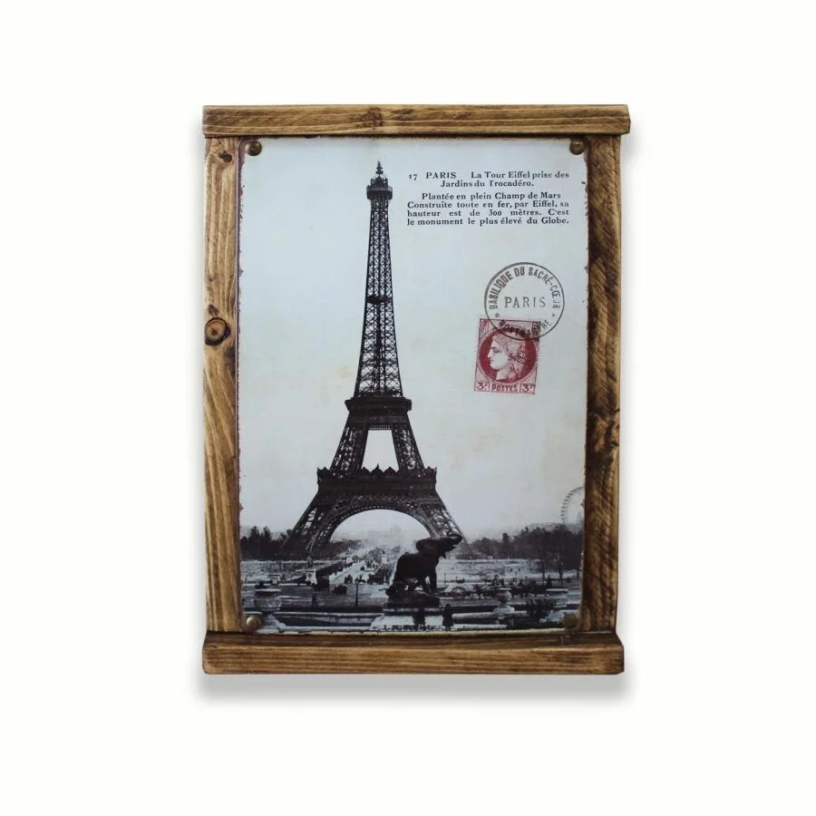 Rustik Ahşap Çerçeveli Vintage Metal Pano Paris Mail 20x30