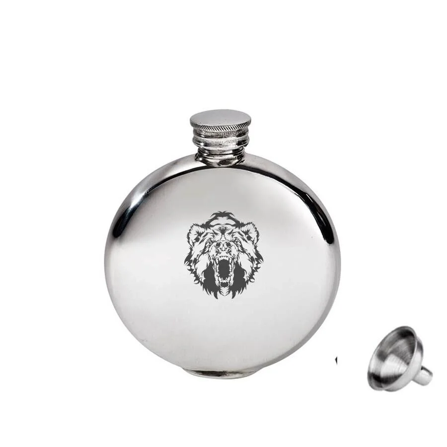 Yuvarlak Çelik Cep Matarası Krom 5 Oz 150ml Vahşi Ayı (hunili)