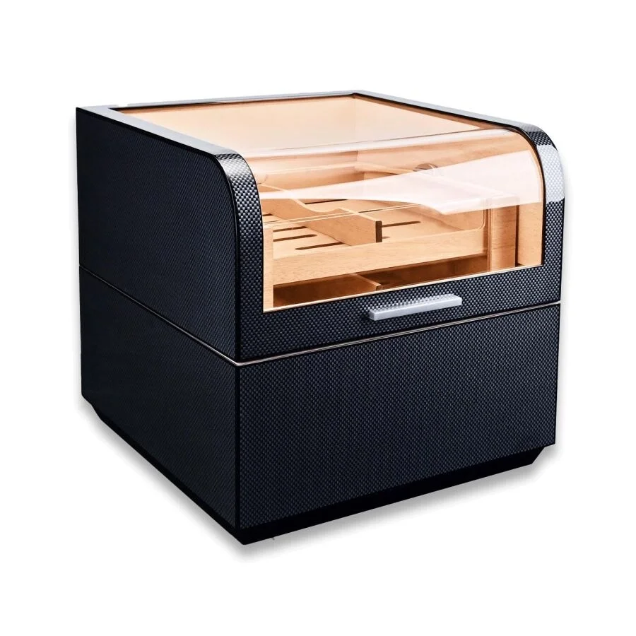Cigarloong Karbon Desen Camlı Katlı Humidor Puro Kutusu 150s