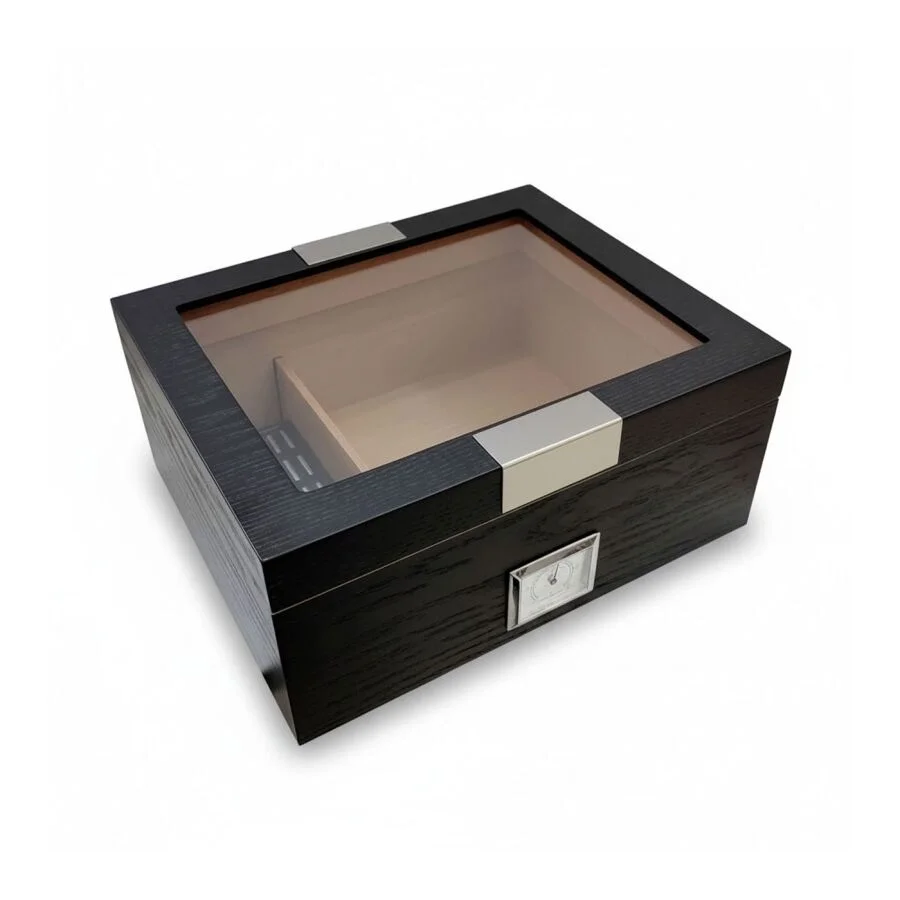 Cigarloong Camlı Puro Kutusu Humidor Metal Siyah 40's